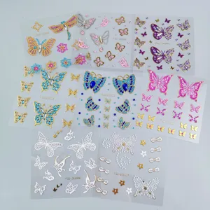 Detail shot of shiny 3D butterfly face rhinestone stickers, perfect for festival and party makeup.