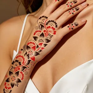 Detailansicht des temporären Tattoo-Aufklebers mit vintage schwarz-roten Blumen-Spitzen-Mustern.