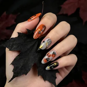 Faux ongles d'Halloween style sombre longs autocollants nail art avec citrouille toile d'araignée