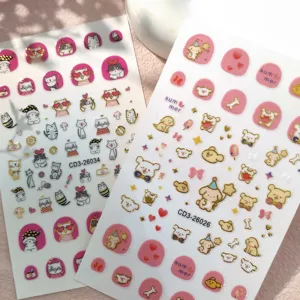 Cute cartoon animal nail stickers with gold foil cat and dog designs for waterproof manicure.