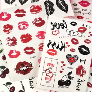 Waterproof red lips kiss temporary tattoo stickers close-up, assorted cute love heart designs.