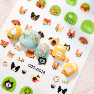 Cute cartoon animal nail art stickers gold stamping cat dog rabbit nail decals for women