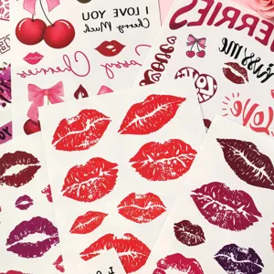 Waterproof kiss lips temporary tattoo stickers with cute cherries and hearts for party makeup.