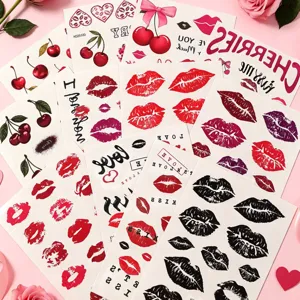 Red lips cherry temporary tattoo stickers detail view, waterproof cute kiss body art