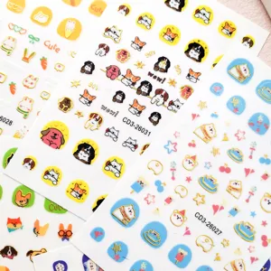 Detailed view of cute cartoon animal nail stickers with gold stamping cat and dog designs.