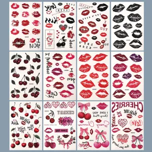 Temporary tattoo stickers waterproof sexy red lips cherry heart love kiss design 12 sheets.