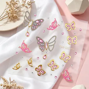 Close up detail of 3d butterfly rhinestone face stickers, crystal gems for festival party makeup.