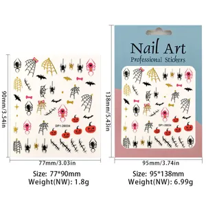 Autocollants pour ongles Halloween avec motifs de toile d'araignee et citrouille, deco DIY.