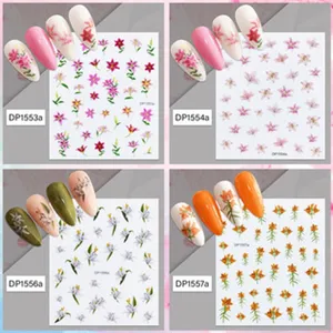 Set de pegatinas de uñas florales con diseños botánicos coloridos y variados para manicura.