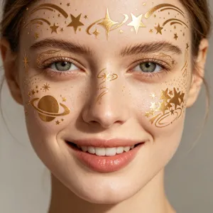 Pegatina de tatuaje temporal para la cara oro metálico cielo estrellado planetas maquillaje