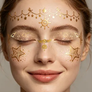 Tatuajes temporales faciales dorados metálicos primer plano, detalles pegatinas brillantes.