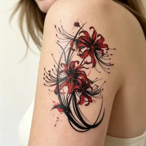 Detailaufnahme von roter Spinnenlilie temporärem Tattoo-Aufkleber, wasserfester Armkunst