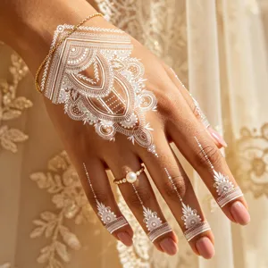 White lace temporary tattoo sticker detail, intricate geometric henna hand pattern design.