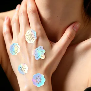 Nahaufnahme holografischer Festival Tattoos mit Sonnen- und Sternmotiven für die Haut.
