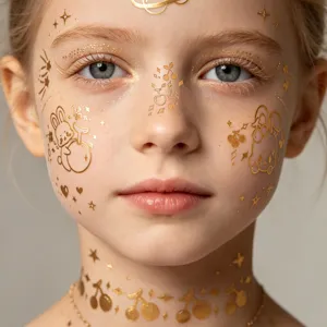 Pegatina de tatuaje facial de lámina de oro, calcomanías temporales de maquillaje brillante.
