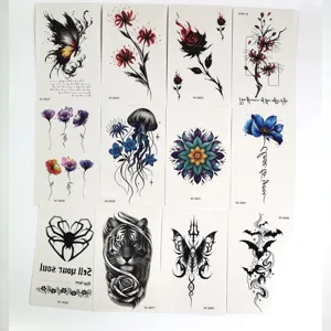 Wasserdichte temporäre Tattoo-Aufkleber Set mit gotischen dunklen Blumen und Tigern.