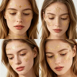 Tatuajes temporales faciales de oro metálico, pegatinas de festival con estrellas y mariposas.
