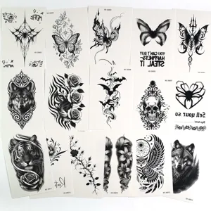 Schwarze temporäre Tattoo-Aufkleber mit gotischem Wolf, Tiger, Totenkopf und Schmetterling.