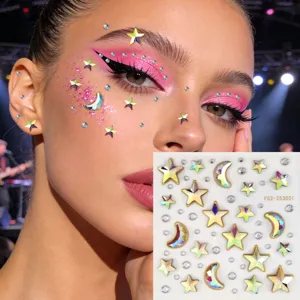 Pegatinas de diamantes de imitación para la cara de estrella y luna láser brillo festival
