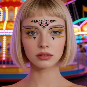 Primer plano de pedrería facial para festival, gemas de maquillaje negro y dorado para fiesta.