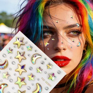 Gemas de Cara de Estrella y Luna Láser Estrás Autoadhesivos Maquillage de Festival Joyas de Cara Cristales de Cuerpo Brillo