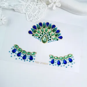 Pegatinas de diamantes de imitación para la cara, joyas de maquillaje de pavo real azul.
