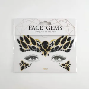 Gemas faciales negras y doradas pegatinas de diamantes de imitacion para fiestas y festivales.