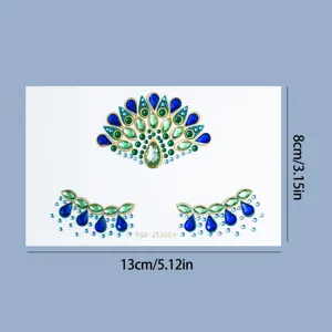 Pegatina de tatuaje con diamantes de imitación para cara diseño pavo real 13x8cm