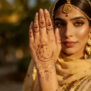Tijdelijke henna tatoeage stickers met halve maan en sterren, elegante lichaamskunst voor dames.