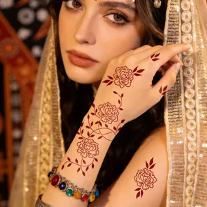 Floral henna tattoo sticker template featuring rose and vine designs for hand decoration.