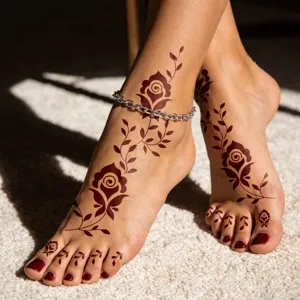 Close-up detail of floral henna tattoo sticker template on foot with delicate rose design.