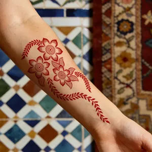 Close-up detail of red floral vine temporary tattoo sticker on arm for festive decoration