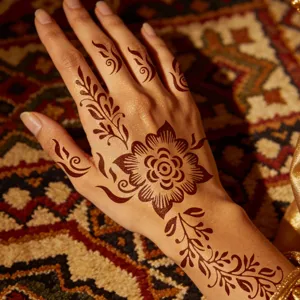 Henna tattoo sticker detail shot, showing floral pattern on the hand and wrist clearly.