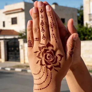 Detaillierte Nahaufnahme des indischen Rosen Henna Tattoo Schablone Aufklebers auf Händen.