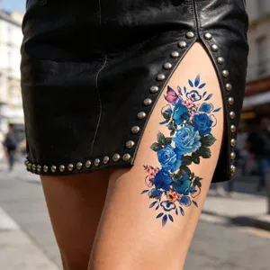 Tijdelijke blauwe roos vlinder tattoo sticker waterdicht sexy been lichaamskunst sticker.
