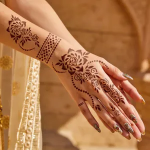 Waterproof henna tattoo sticker for hand and arm featuring elegant floral and dot totem designs.