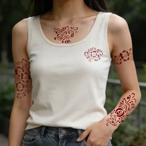Gedetailleerde close-up van etnische bloemige henna tattoo sjablonen en stickers.