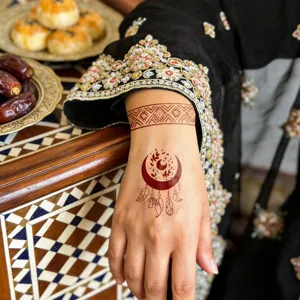 Detailed view of temporary henna juice tattoo stencil featuring moon and feather design.