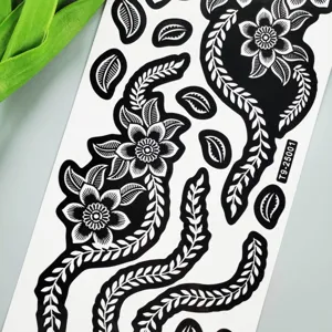 Black white floral vine temporary tattoo sticker sheet henna body art stencil template