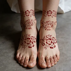 Gedetailleerde close-up van etnische bloemige henna tattoo sjabloonstickers aangebracht op voeten.