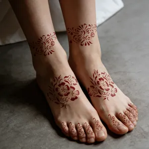 Detailopname van ingewikkeld rood bloemig henna tatoeage sjabloon ontwerp op de voeten.