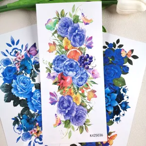Aquariel blauwe roos vlinder tattoo sticker grote bloem waterdicht lichaamskunst