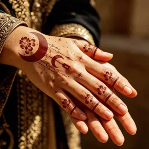 Henna tattoo sticker template for hands fingers, elegant moon floral vine body art design.
