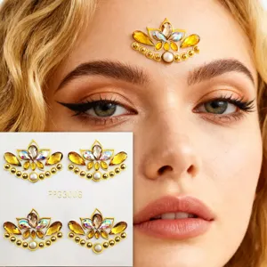 Adhesivo de estrás facial loto dorado para fiesta de festival, gema de cristal brillante.