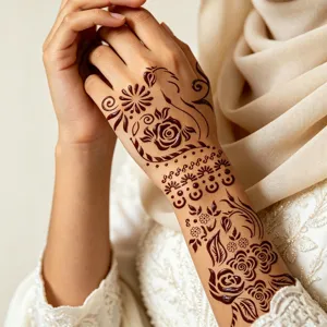 Langes Henna Hand Tattoo Aufkleber mit exquisiten Rosen Blumen Mehndi Design für Braut Kunst.