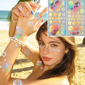Holographic Laser Temporary Tattoo Stickers Colorful Stars Sun Floral Waterproof Body Art Face Decor Festival Party Decals