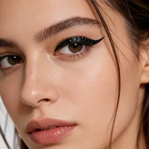 Dettaglio adesivo eyeliner glitter nero, perfetto per trucchi da festa e festival.