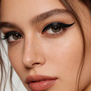 Primo piano di adesivi per eyeliner neri glitterati autoadesivi che mostrano il trucco occhi.