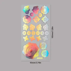 Holographic laser star and sun temporary tattoo sheet detail, waterproof festival body art.