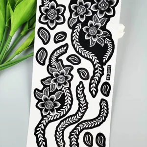 Black floral vine tattoo sticker sheet for body art, temporary henna style template.